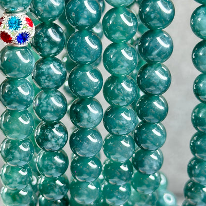 Natural Semi-Translucent Floral Water Green Jadeite Jade Triple Wrap Bracelet/Necklace 10 mm