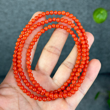 Coral Red Natural Nan Hong Agate Triple Wrap Bracelet Size 5 mm
