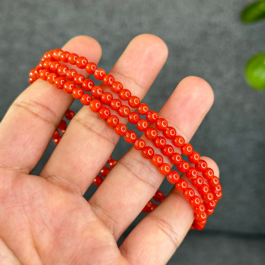 Coral Red Natural Nan Hong Agate Triple Wrap Bracelet Size 5 mm