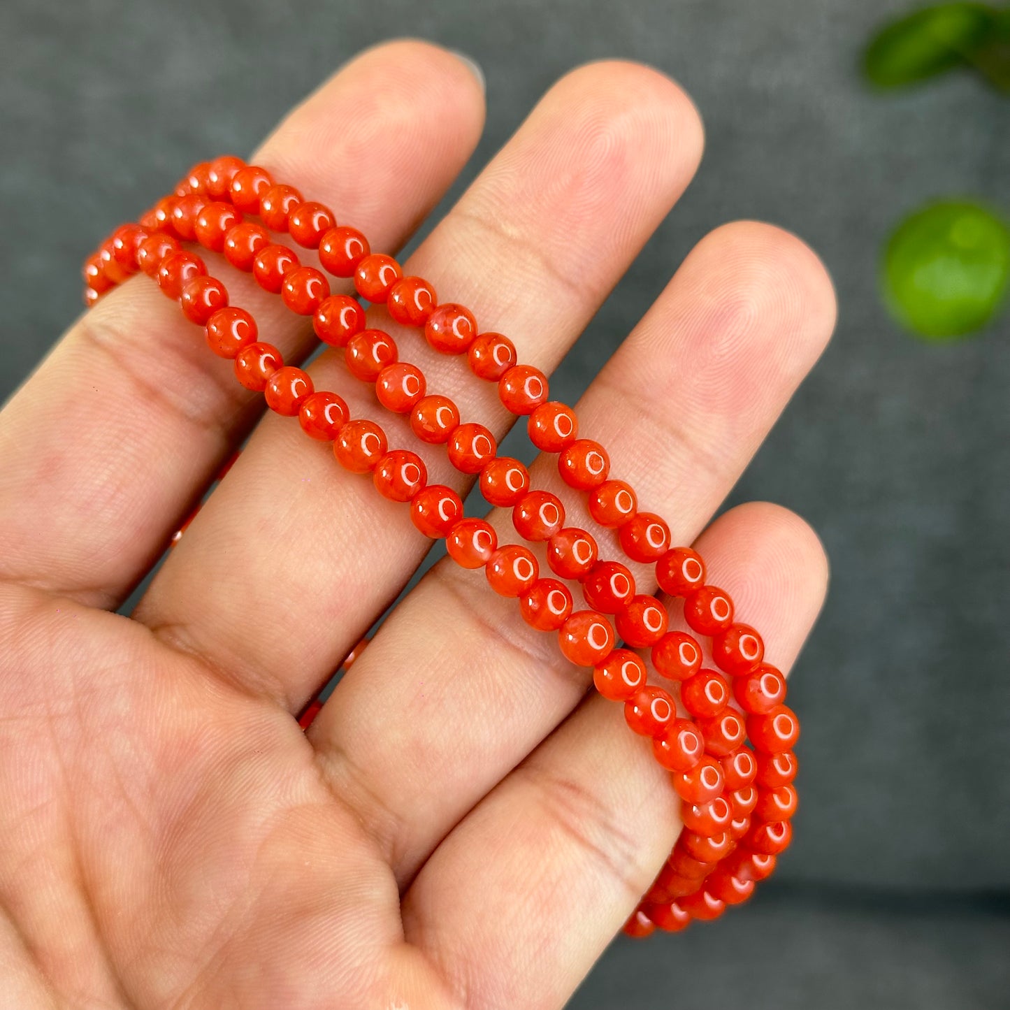 Coral Red Natural Nan Hong Agate Triple Wrap Bracelet Size 5 mm