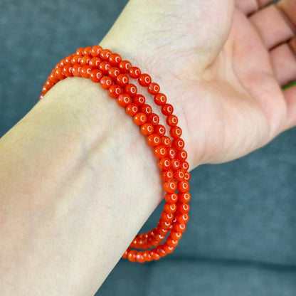 Coral Red Natural Nan Hong Agate Triple Wrap Bracelet Size 5 mm