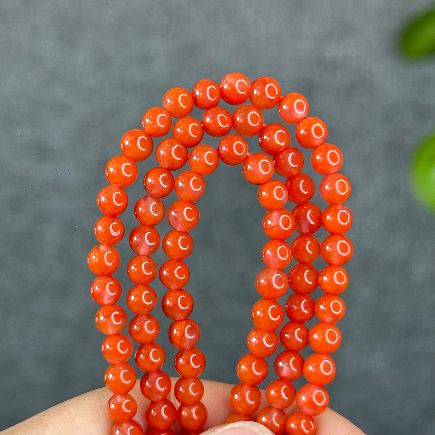 Coral Red Natural Nan Hong Agate Triple Wrap Bracelet Size 5 mm