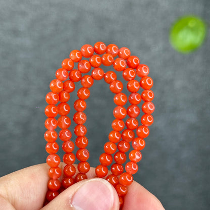 Coral Red Natural Nan Hong Agate Triple Wrap Bracelet Size 5 mm