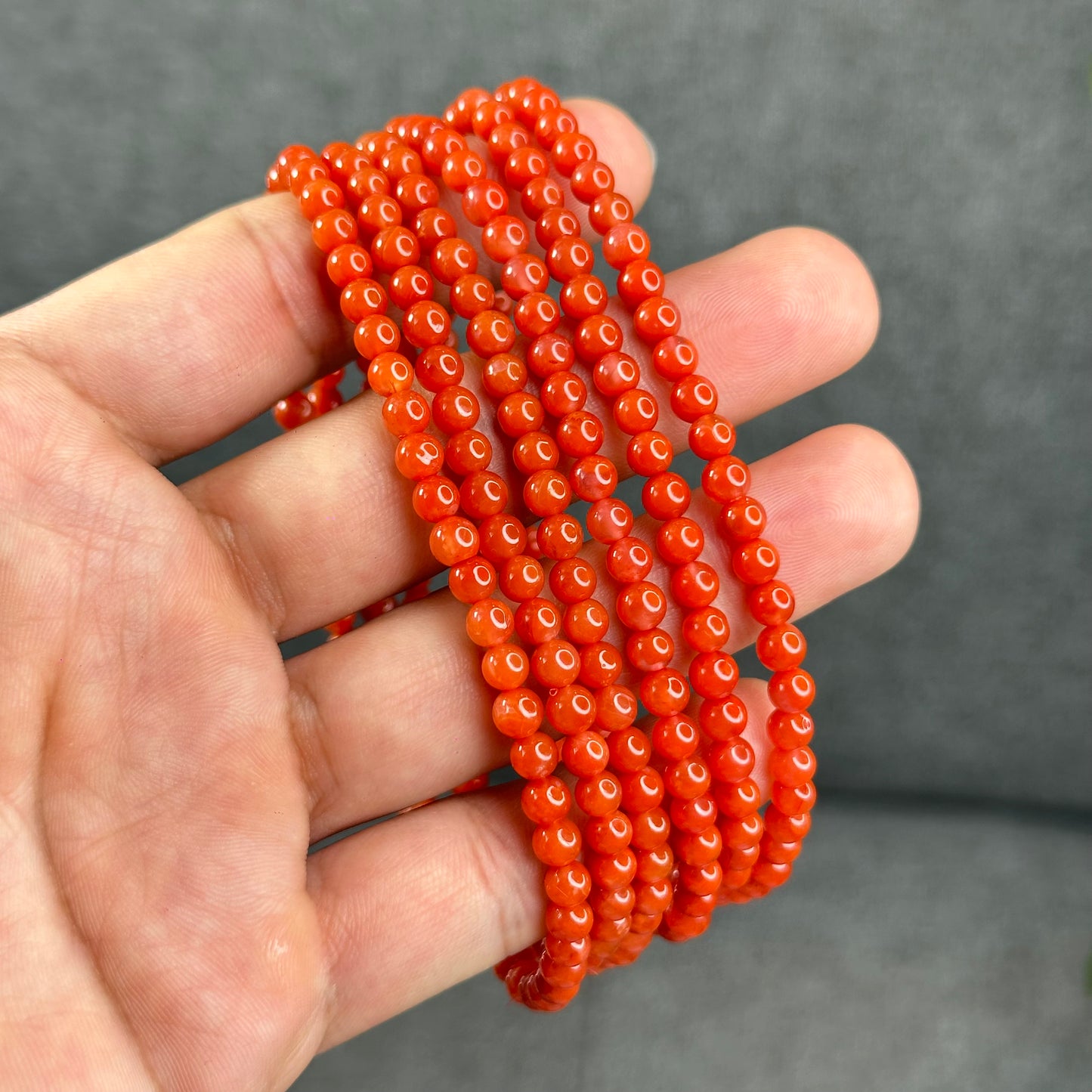 Coral Red Natural Nan Hong Agate Triple Wrap Bracelet Size 5 mm