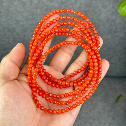 Coral Red Natural Nan Hong Agate Triple Wrap Bracelet Size 5 mm