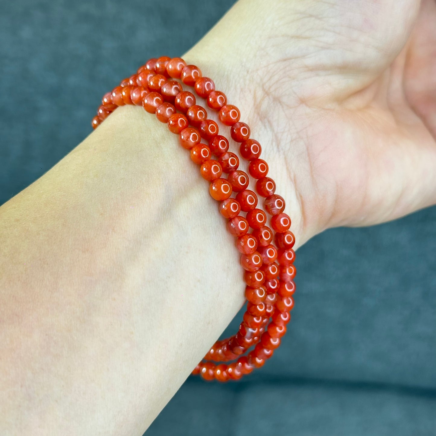 Translucent Nan Hong Agate Triple Wrap Bracelet Size 5.3 mm