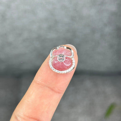 Natural Rose Quartz Money Bag Charm in Silver Setting