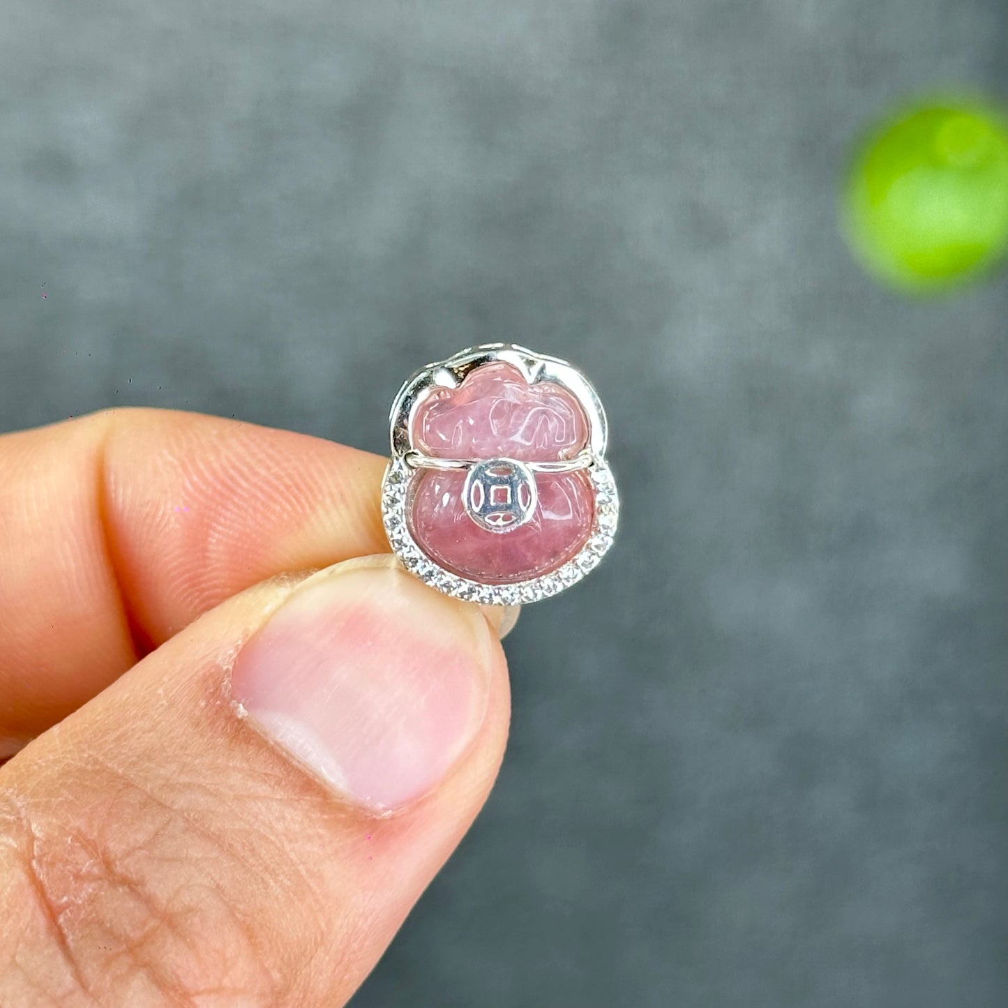 Natural Rose Quartz Money Bag Charm in Silver Setting