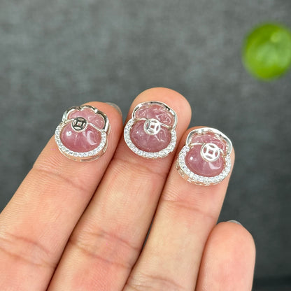 Natural Rose Quartz Money Bag Charm in Silver Setting