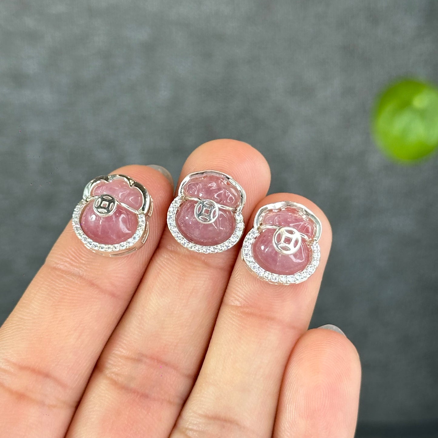 Natural Rose Quartz Money Bag Charm in Silver Setting