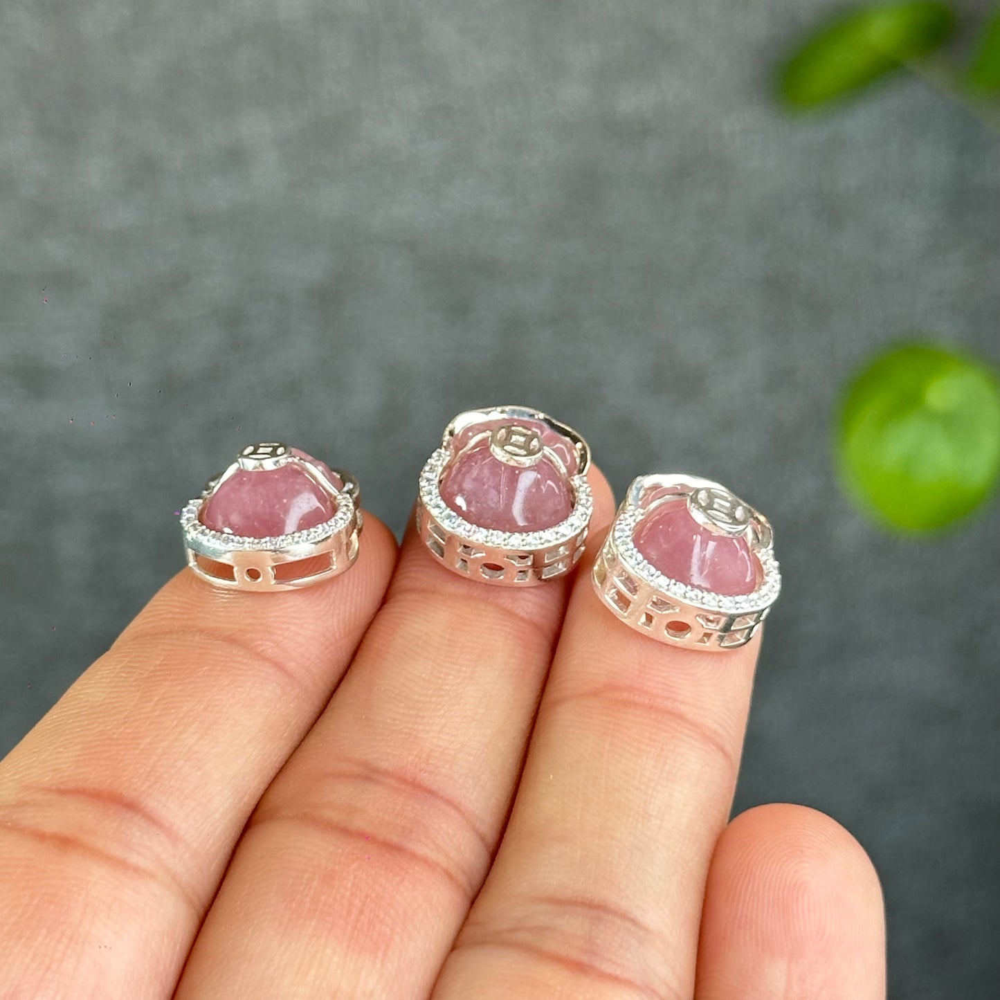 Natural Rose Quartz Money Bag Charm in Silver Setting