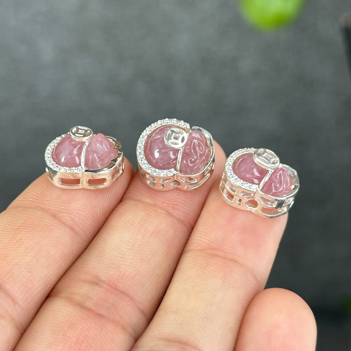 Natural Rose Quartz Money Bag Charm in Silver Setting