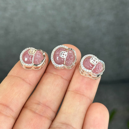 Natural Rose Quartz Money Bag Charm in Silver Setting