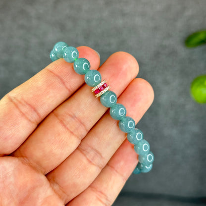 Natural Semi-Translucent Light Water Green Jadeite Jade Bracelet Size 8 mm