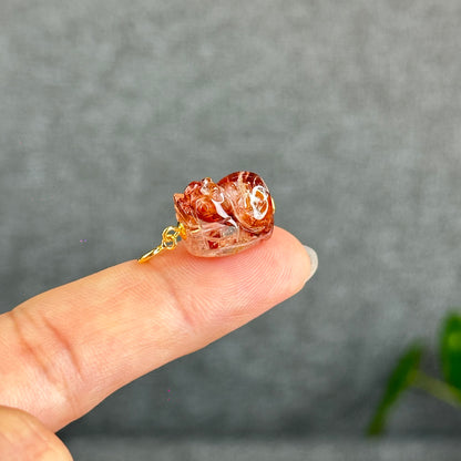 Natural Fire Quartz Pixiu Charm with Silver Gold Plated Clip
