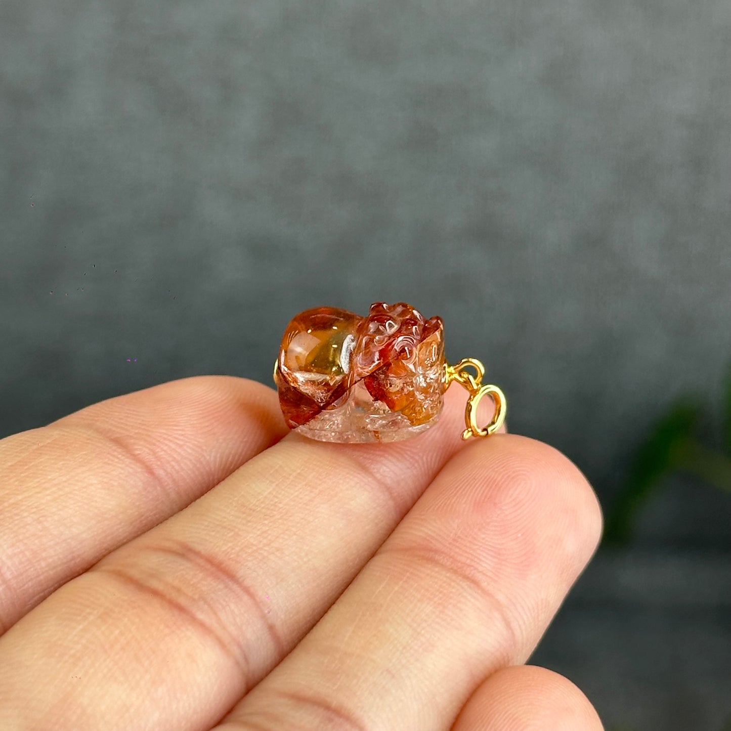 Natural Fire Quartz Pixiu Charm with Silver Gold Plated Clip
