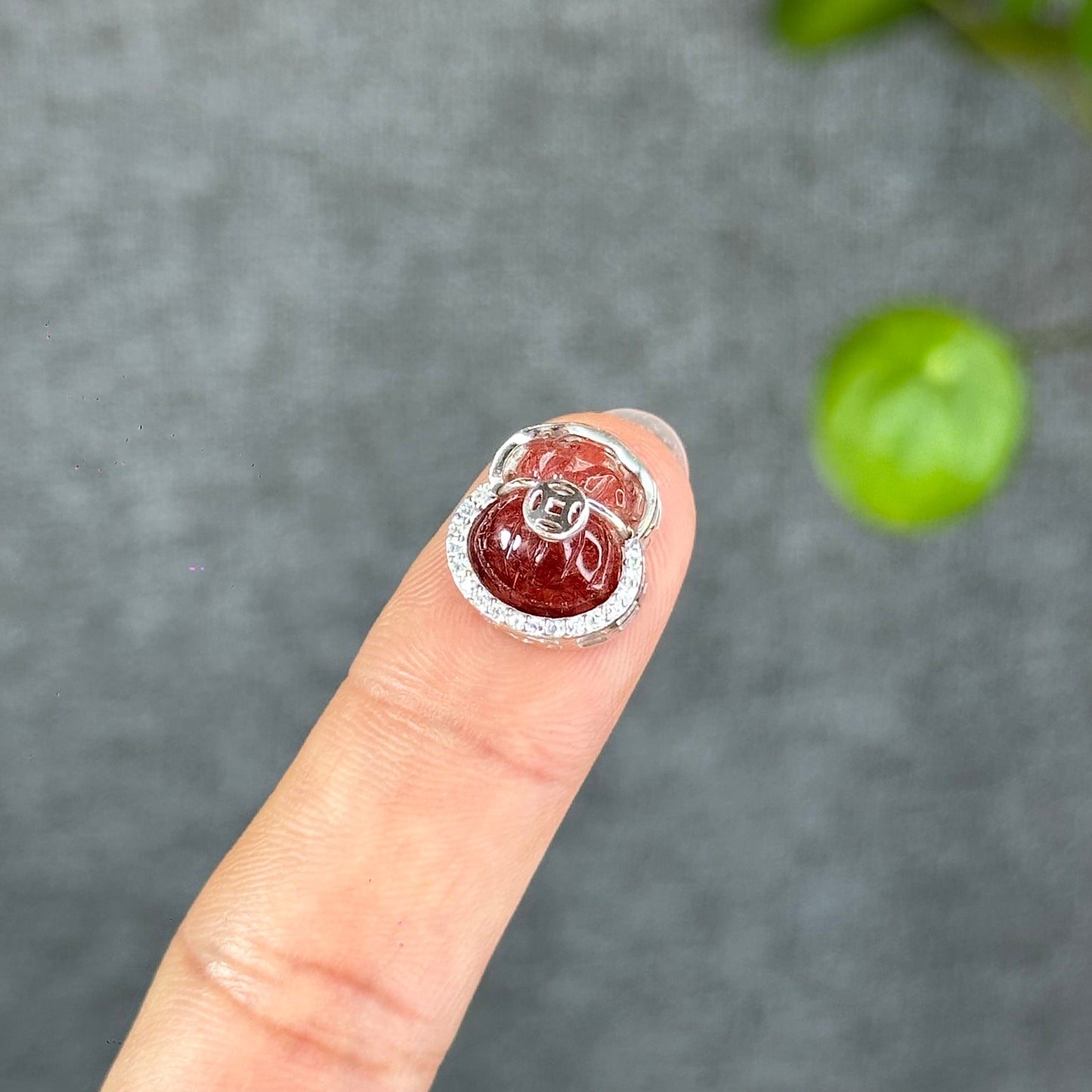 Natural Red Rutilated Quartz Money Bag Charm in Silver Setting