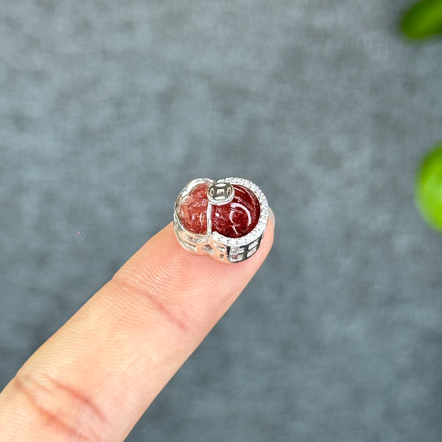 Natural Red Rutilated Quartz Money Bag Charm in Silver Setting