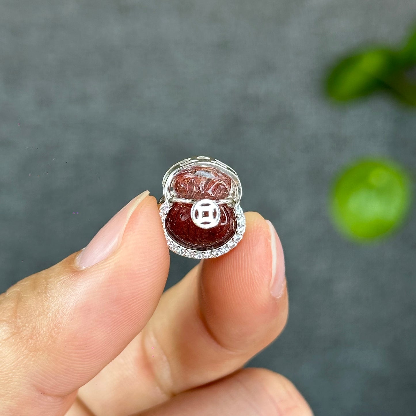 Natural Red Rutilated Quartz Money Bag Charm in Silver Setting
