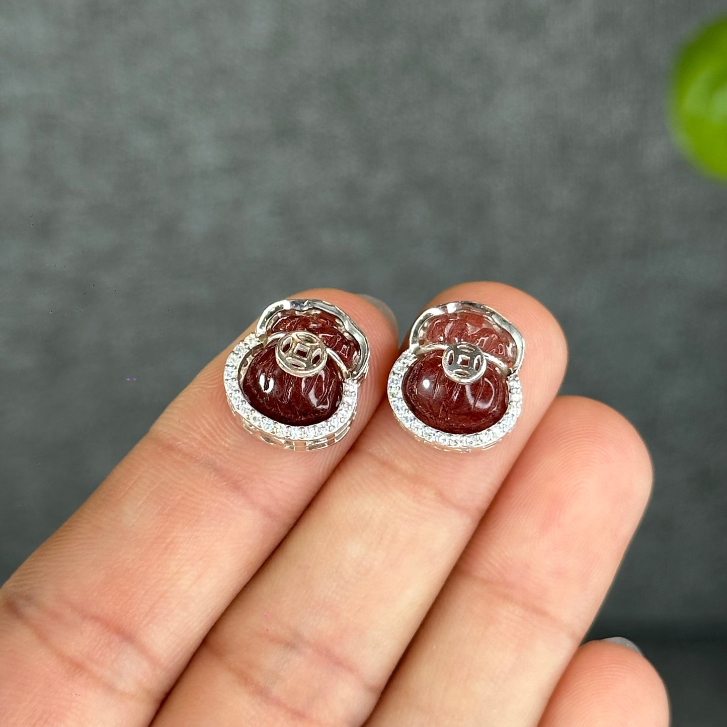 Natural Red Rutilated Quartz Money Bag Charm in Silver Setting