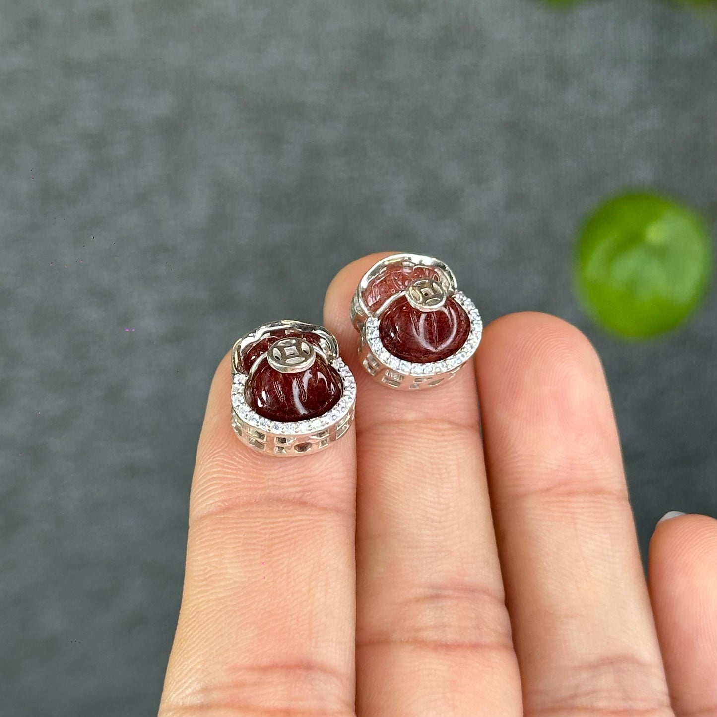 Natural Red Rutilated Quartz Money Bag Charm in Silver Setting