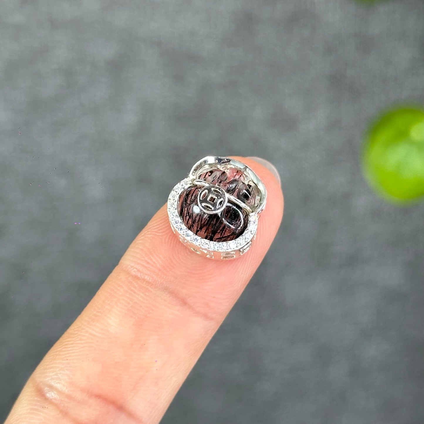 Natural Black Rutilated Quartz Money Bag Charm in Silver Setting