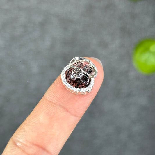Natural Black Rutilated Quartz Money Bag Charm in Silver Setting