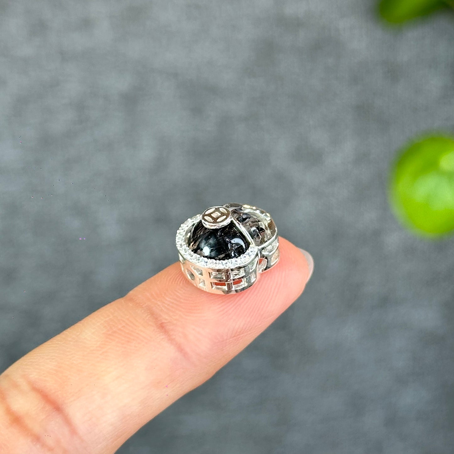 Natural Black Rutilated Quartz Money Bag Charm in Silver Setting