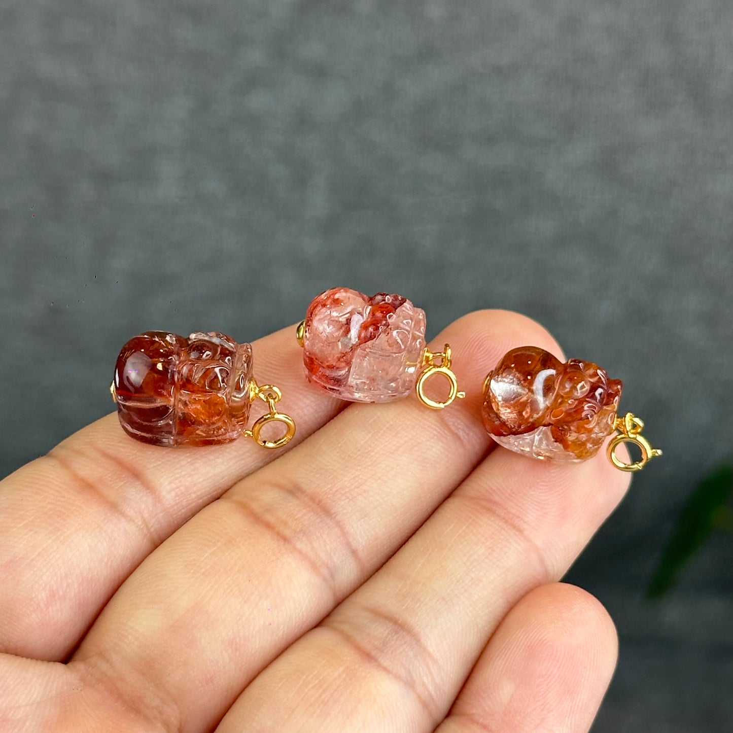 Natural Fire Quartz Pixiu Charm with Silver Gold Plated Clip