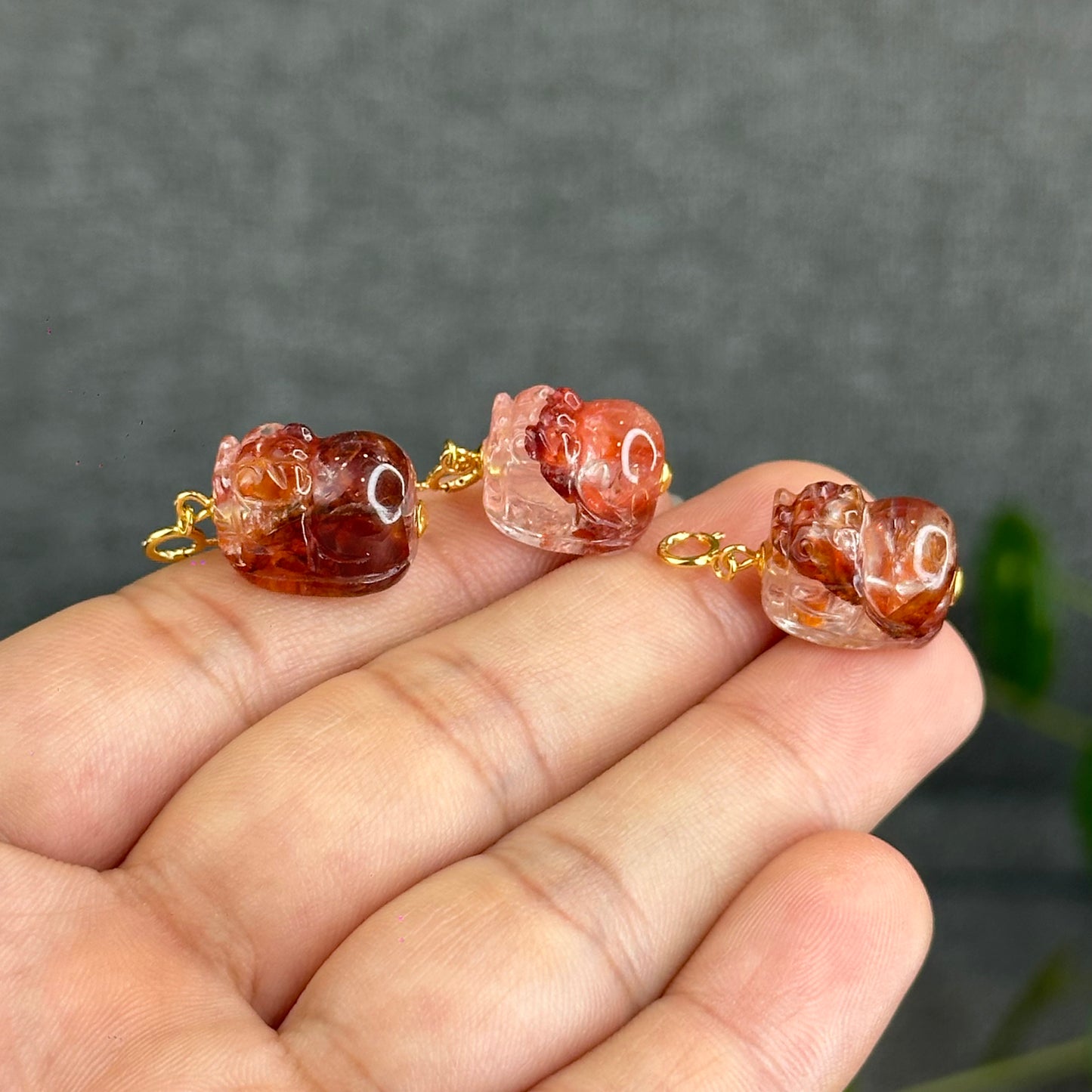 Natural Fire Quartz Pixiu Charm with Silver Gold Plated Clip
