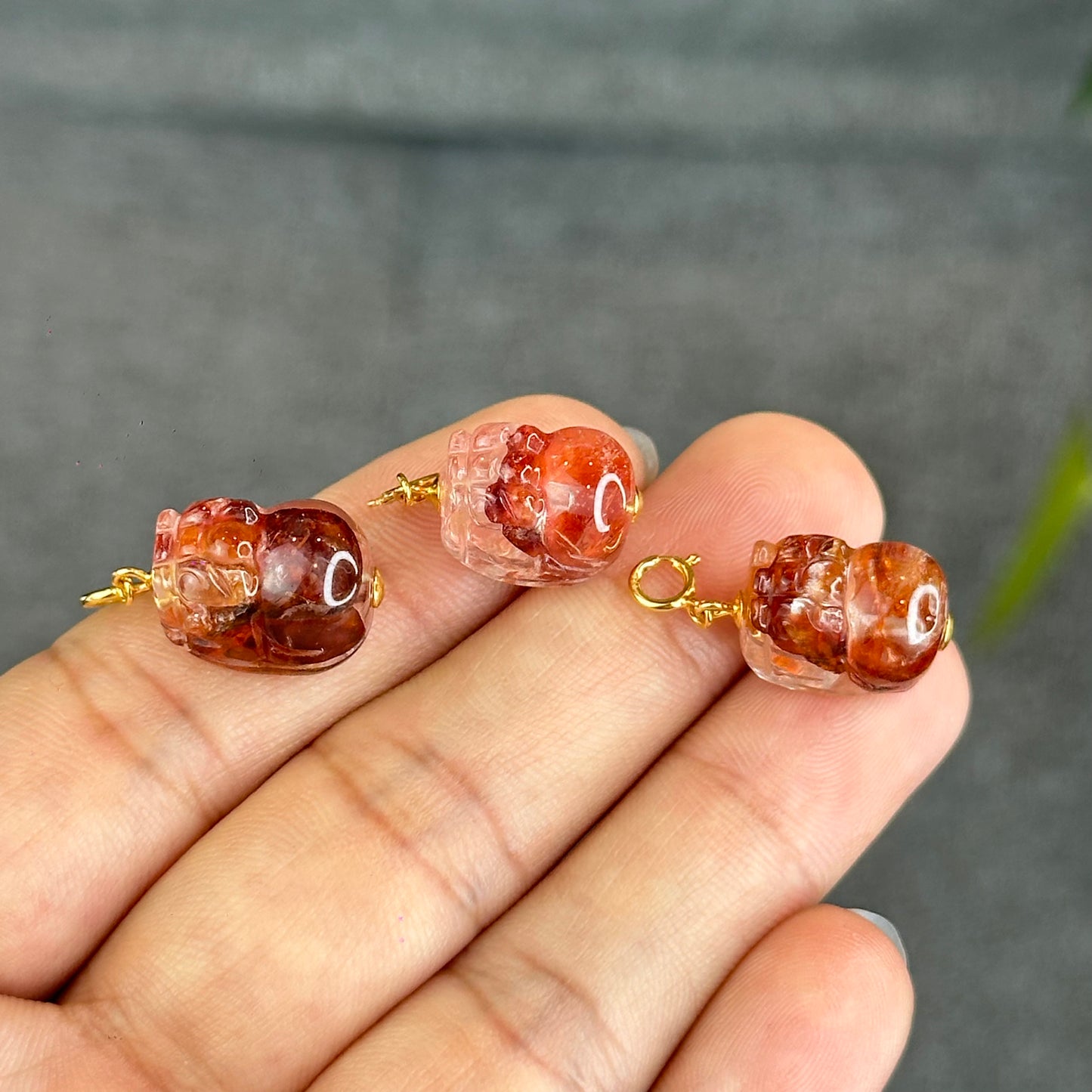 Natural Fire Quartz Pixiu Charm with Silver Gold Plated Clip