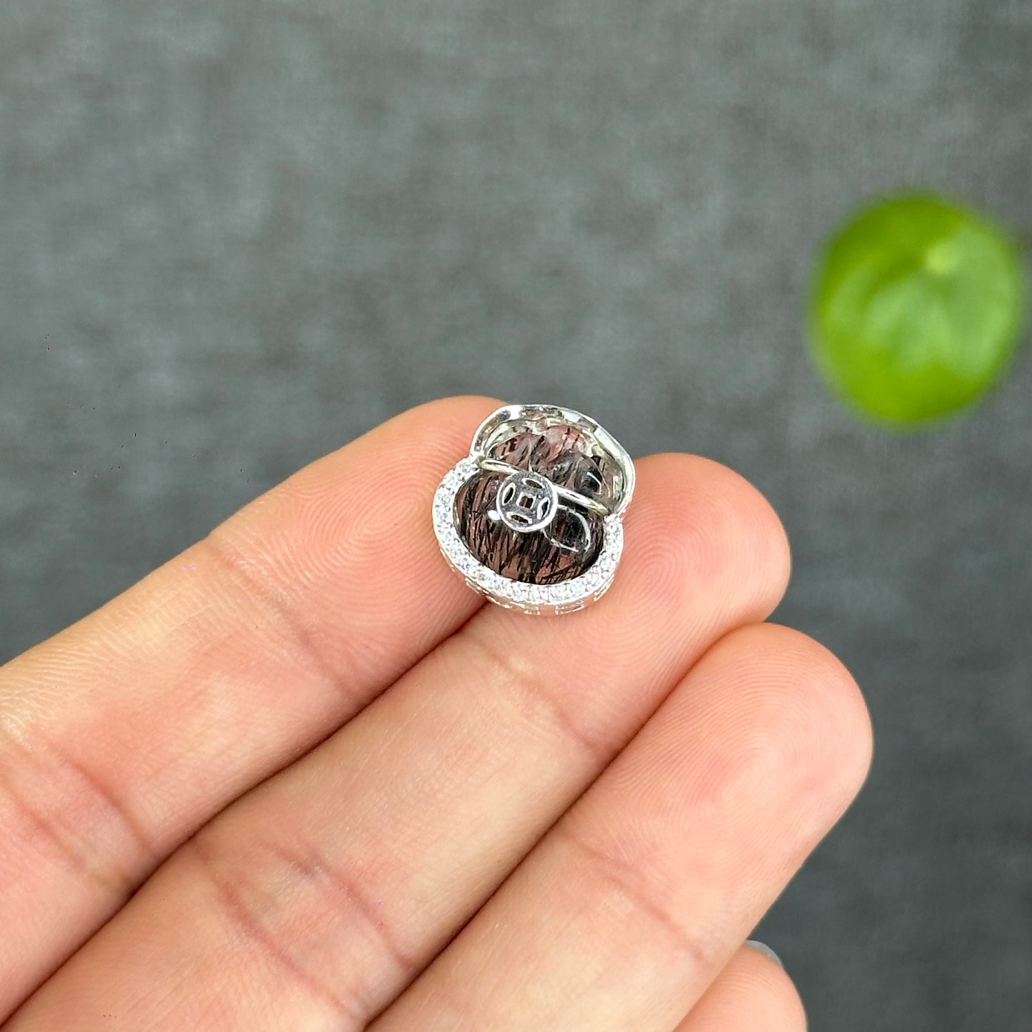 Natural Black Rutilated Quartz Money Bag Charm in Silver Setting