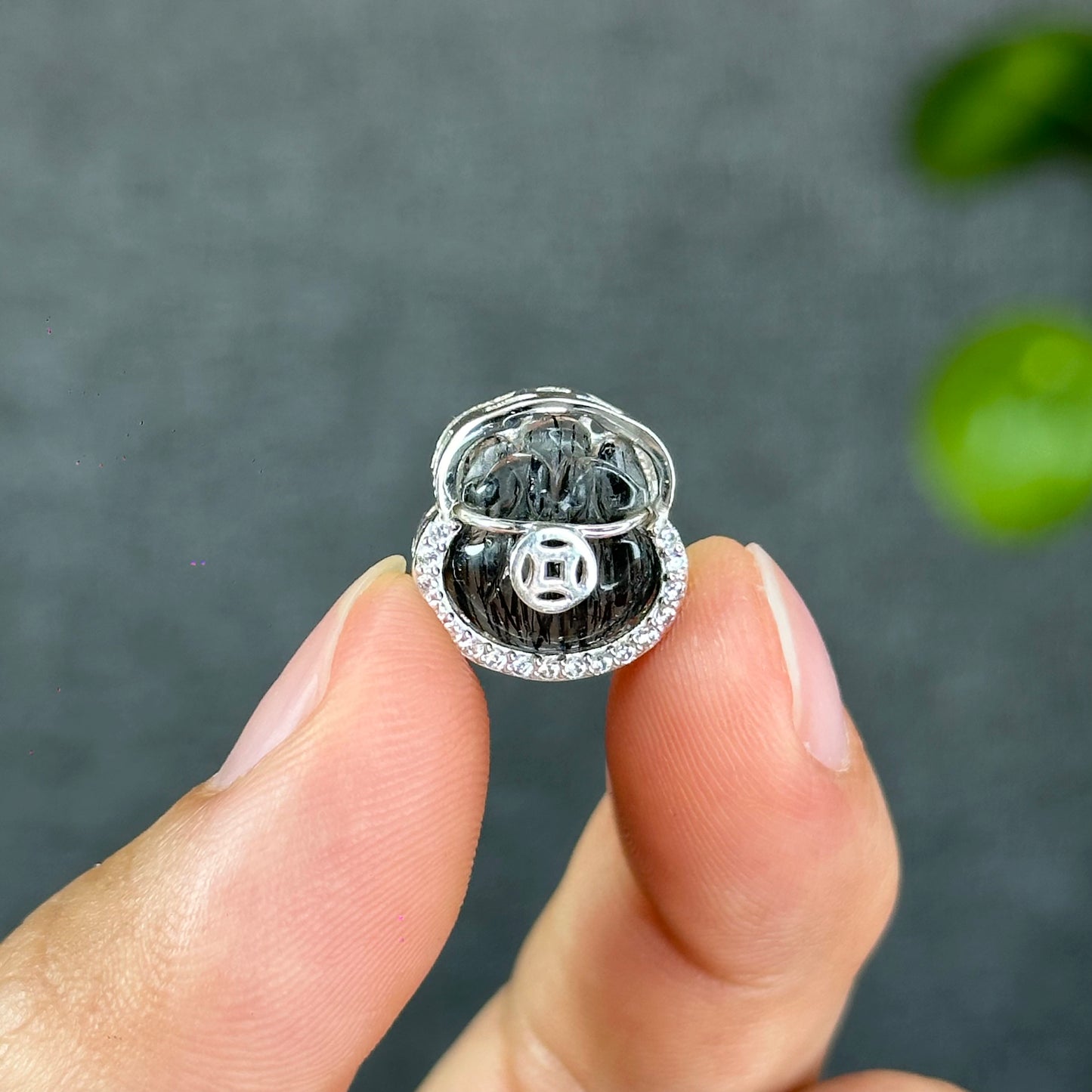 Natural Black Rutilated Quartz Money Bag Charm in Silver Setting