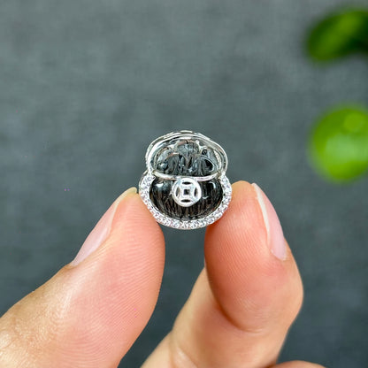 Natural Black Rutilated Quartz Money Bag Charm in Silver Setting