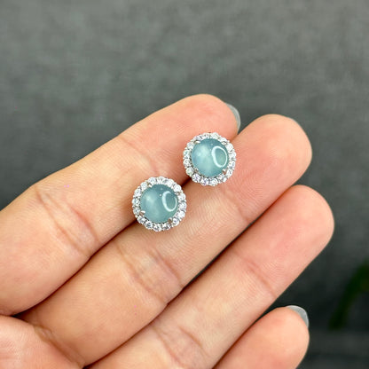 Natural Water Green Jadeite Jade Stud Earrings with S925 Silver With White Stones Setting - High Quality
