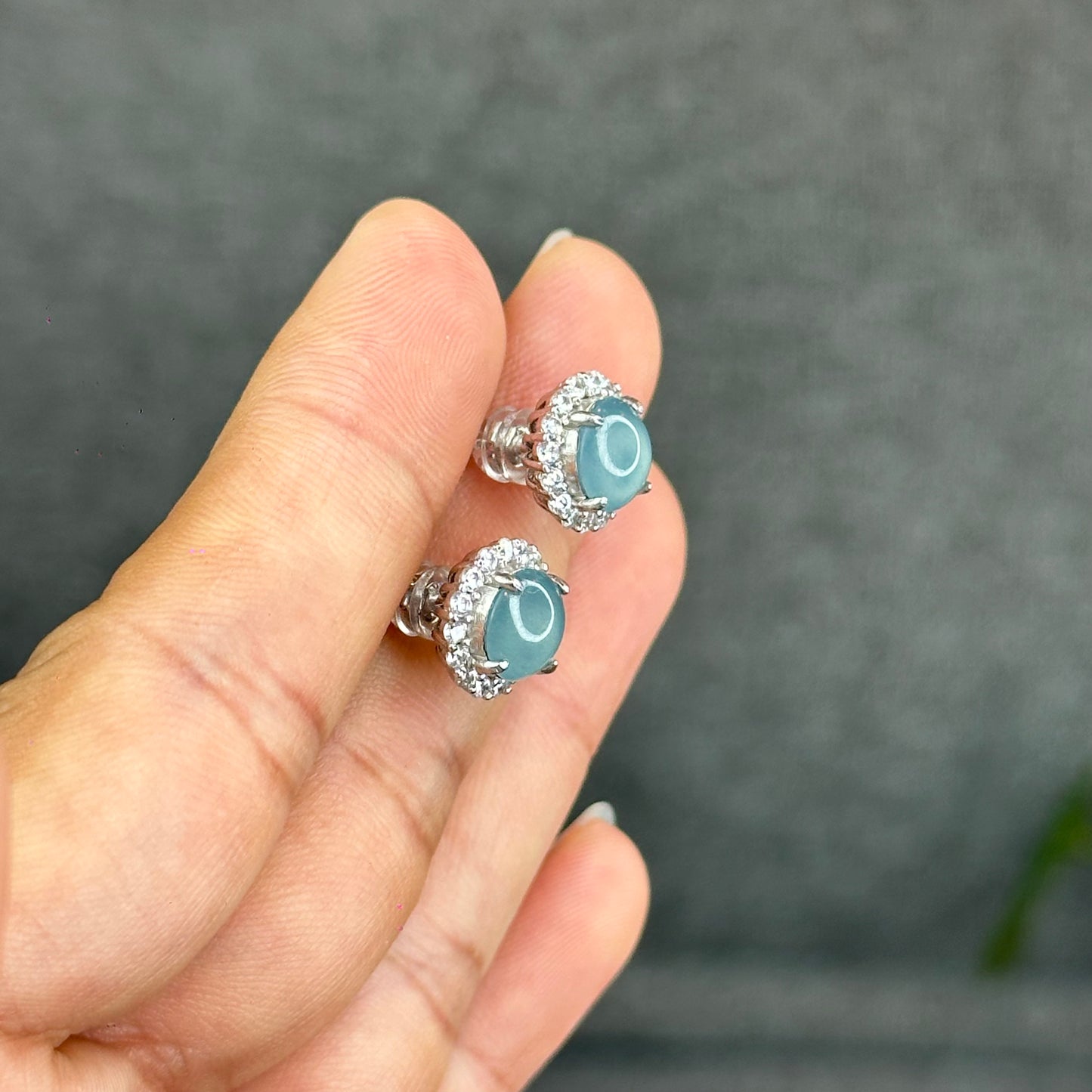 Natural Water Green Jadeite Jade Stud Earrings with S925 Silver With White Stones Setting - High Quality