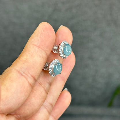 Natural Water Green Jadeite Jade Stud Earrings with S925 Silver With White Stones Setting - High Quality