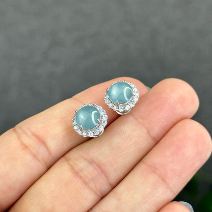 Natural Water Green Jadeite Jade Stud Earrings with S925 Silver With White Stones Setting - High Quality