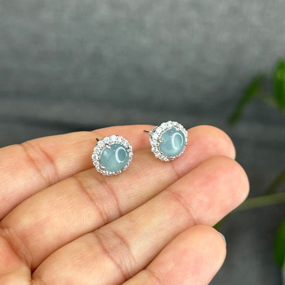 Natural Water Green Jadeite Jade Stud Earrings with S925 Silver With White Stones Setting - High Quality