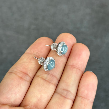Natural Water Green Jadeite Jade Stud Earrings with S925 Silver With White Stones Setting - High Quality