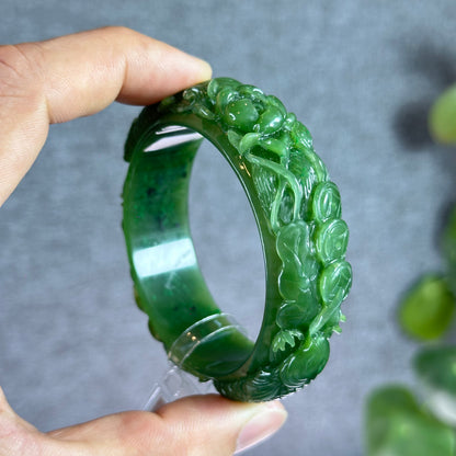 Lotus Fish Feng Shui Carved Nephrite Jade VIP Banlge Size 52 mm