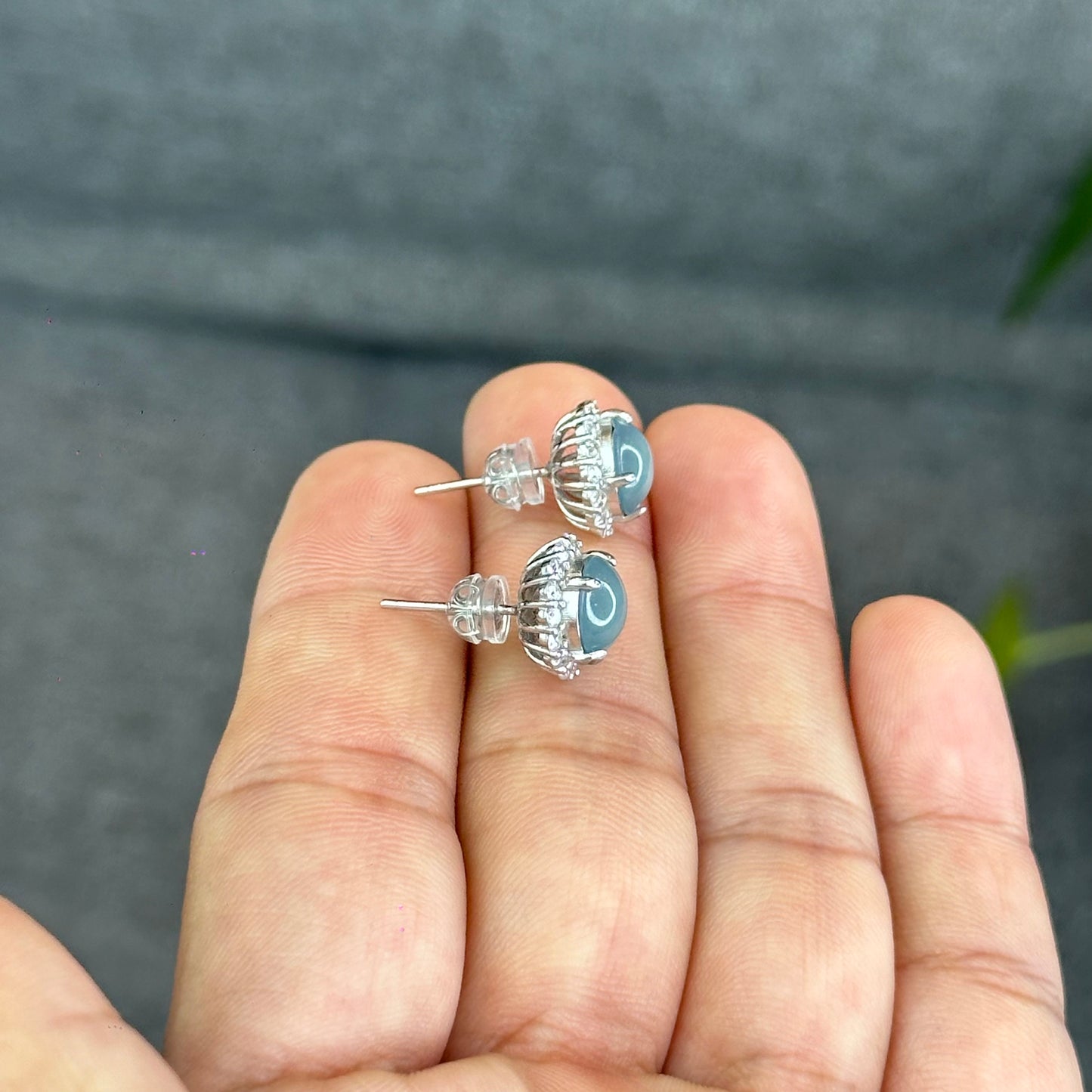 Natural Water Green Jadeite Jade Stud Earrings with S925 Silver With White Stones Setting - High Quality