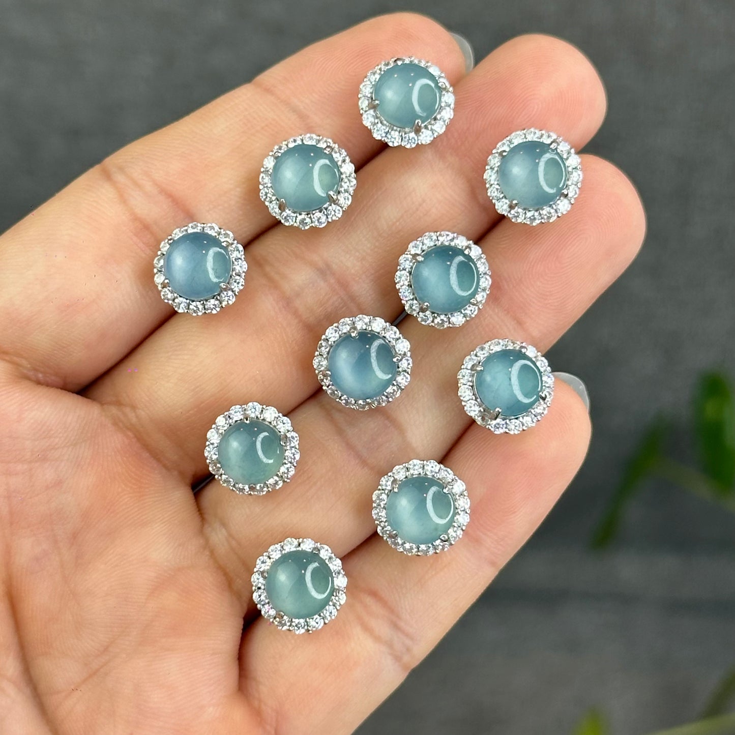 Natural Water Green Jadeite Jade Stud Earrings with S925 Silver With White Stones Setting - High Quality