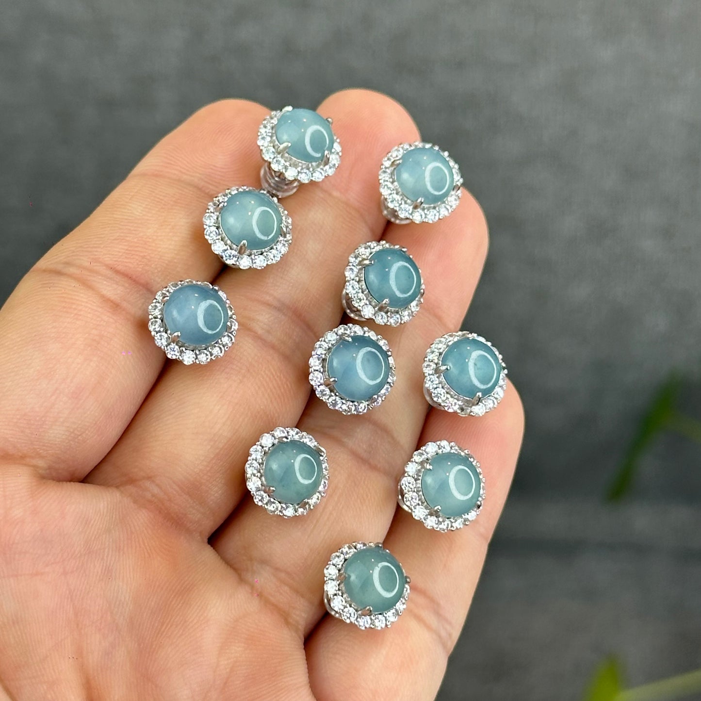 Natural Water Green Jadeite Jade Stud Earrings with S925 Silver With White Stones Setting - High Quality