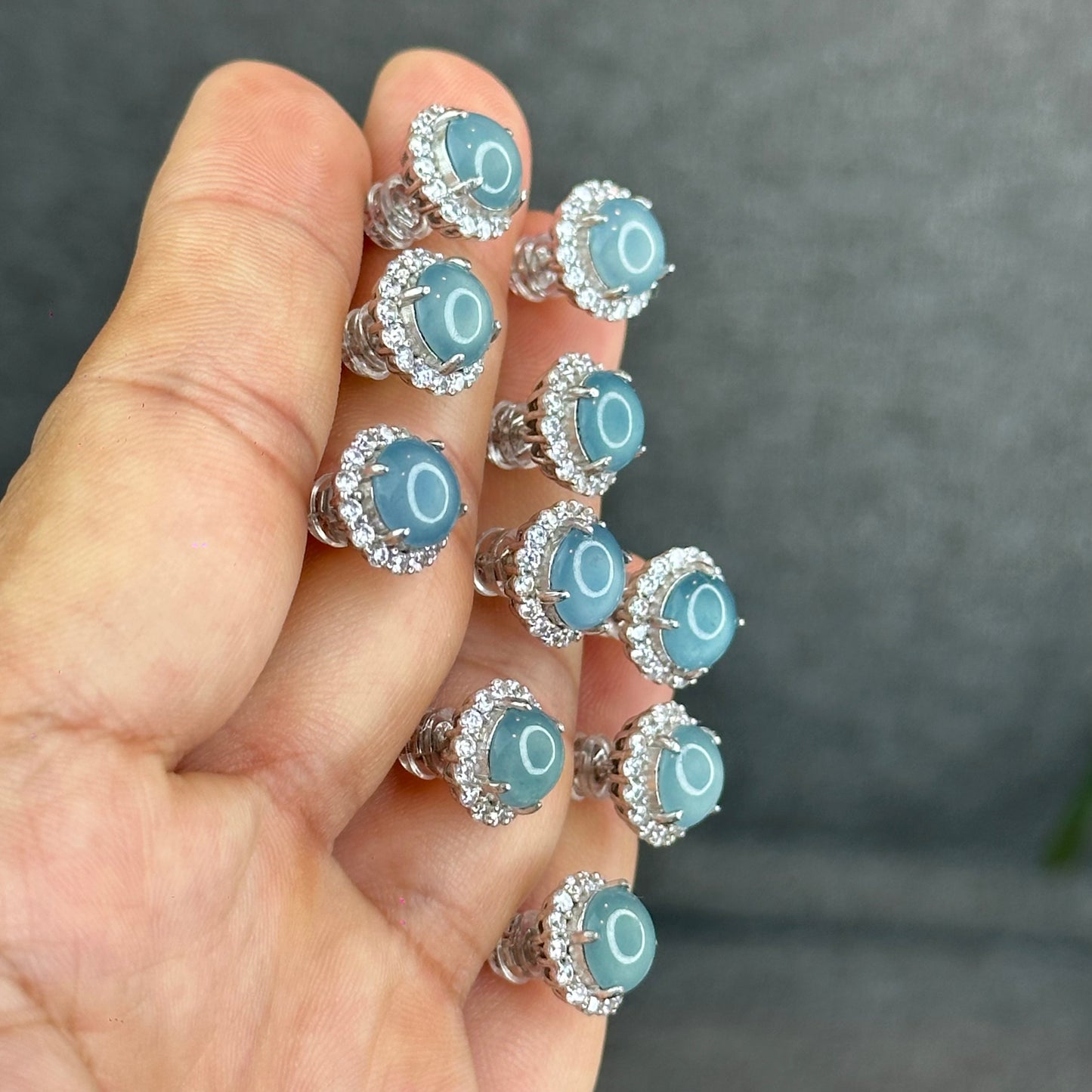 Natural Water Green Jadeite Jade Stud Earrings with S925 Silver With White Stones Setting - High Quality