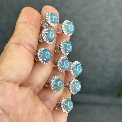 Natural Water Green Jadeite Jade Stud Earrings with S925 Silver With White Stones Setting - High Quality