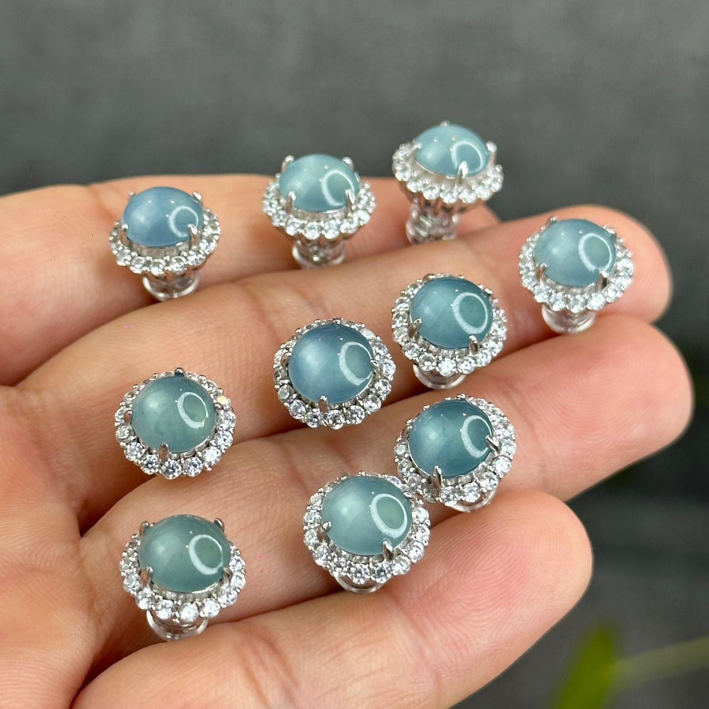 Natural Water Green Jadeite Jade Stud Earrings with S925 Silver With White Stones Setting - High Quality