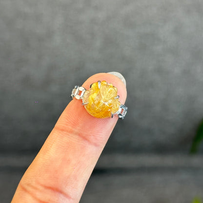 Natural Golden Rutilated Quartz Ho Ly Ring in Silver White Gold Plated Setting Size 1.8