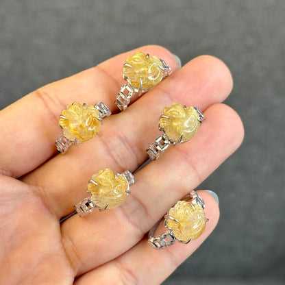 Natural Golden Rutilated Quartz Ho Ly Ring in Silver White Gold Plated Setting Size 1.8