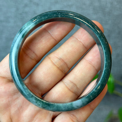 Natural Dark Blue Water Jadeite Jade Bangle Leaf Style Size 60 mm